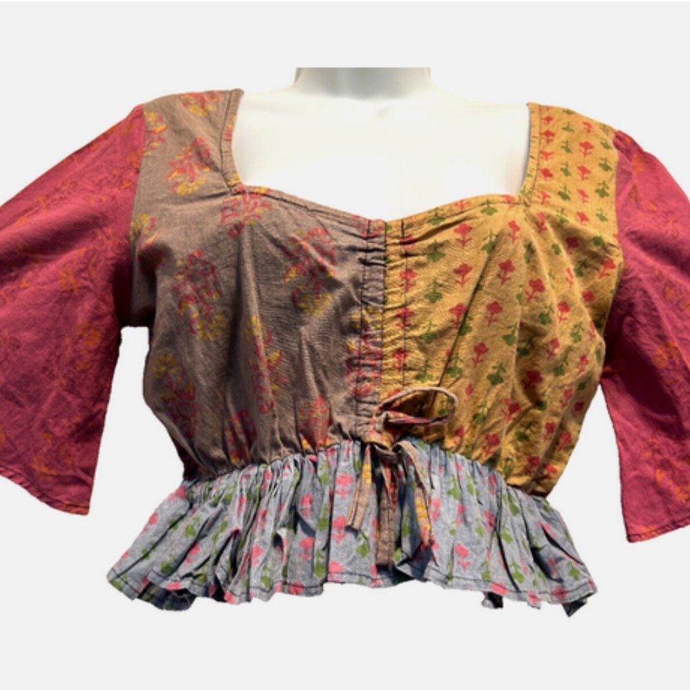 Nwt SACRED THREADS boho hippy batik patch cotton smocked crop TOP S/M